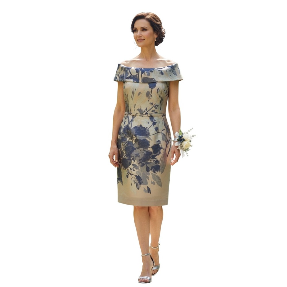 Teri Jon Rickie Freeman Silver Blue Floral Jacquard Off Shoulder Dress Size 8